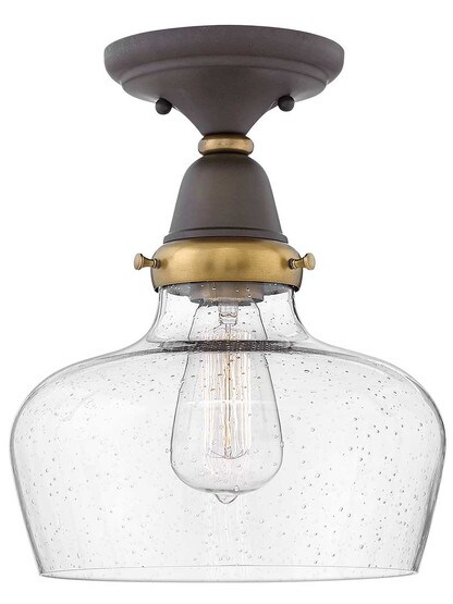 Academy Flush-Mount Ceiling Light with Curved Bell Shade in Oil-Rubbed Bronze.